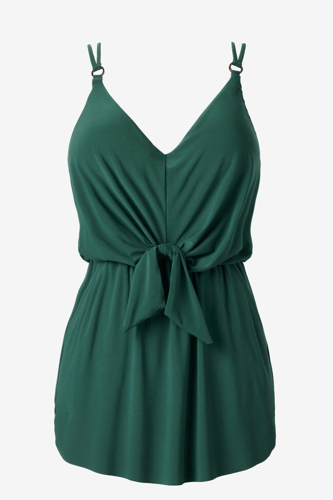 Forest green romper with a tie in the front