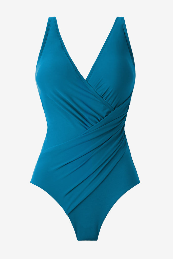 Aegean blue one-piece swimsuit with wrap detail