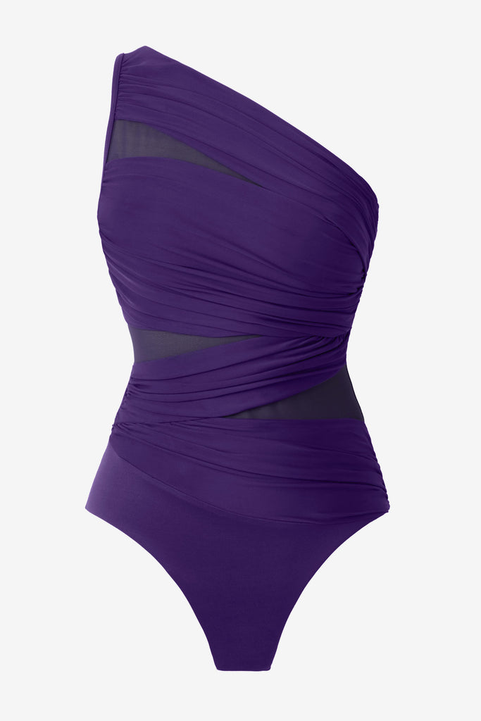 Mulberry purple one-piece swimsuit with a wrap detail and mesh throughout suit