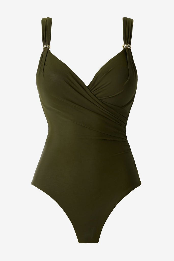 Nori green one-piece swimsuit with details on the straps