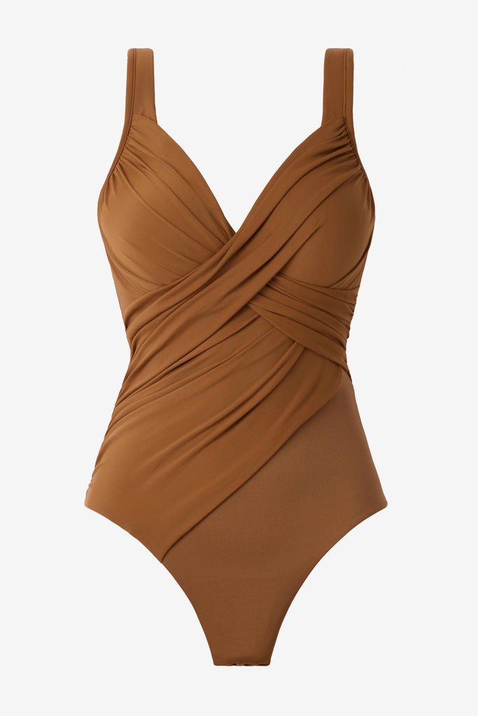 Bronze brown one-piece swimsuit with a wrap style on the bust