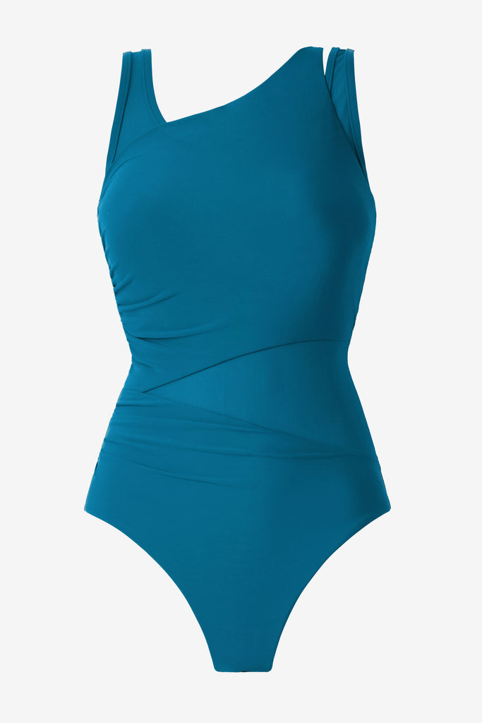 Aegean blue one-piece swimsuit with mesh cut outs throughout suit