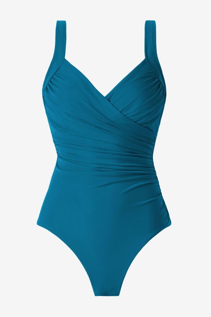 Aegean blue one-piece swimsuit with wrap detail