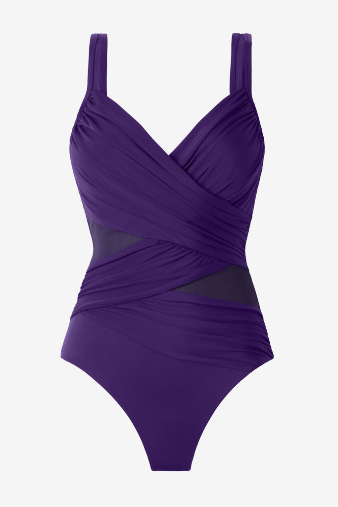 Mulberry purple one-piece swimsuit with mesh cut outs on each side