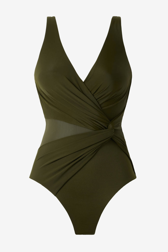 Nori green one-piece swimsuit with a mesh cut out on the left side 