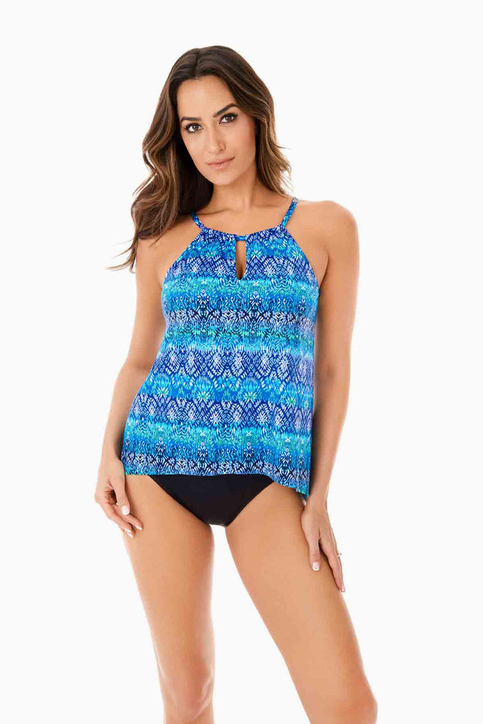 Woman in a printed tankini top.