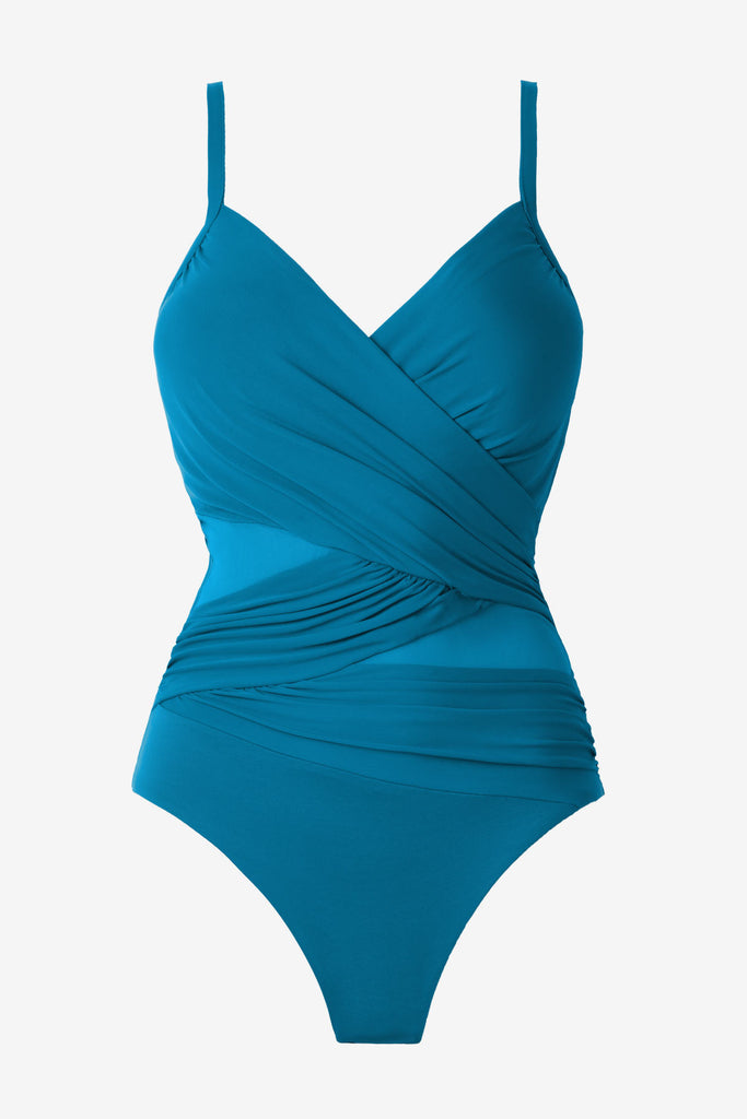 Aegean blue one-piece swimsuit with wrap detailing on the front