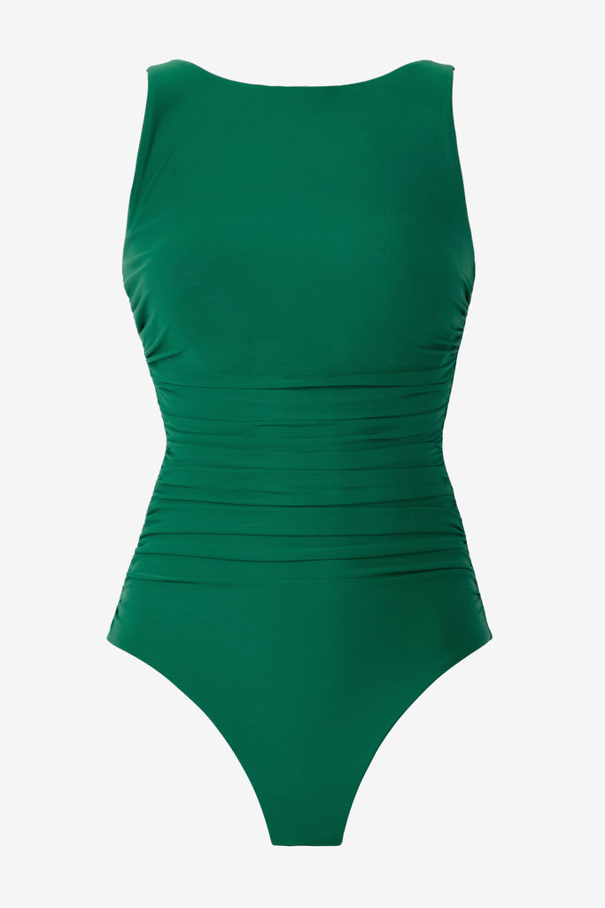 Malachite green one-piece swimsuit with a high neckline