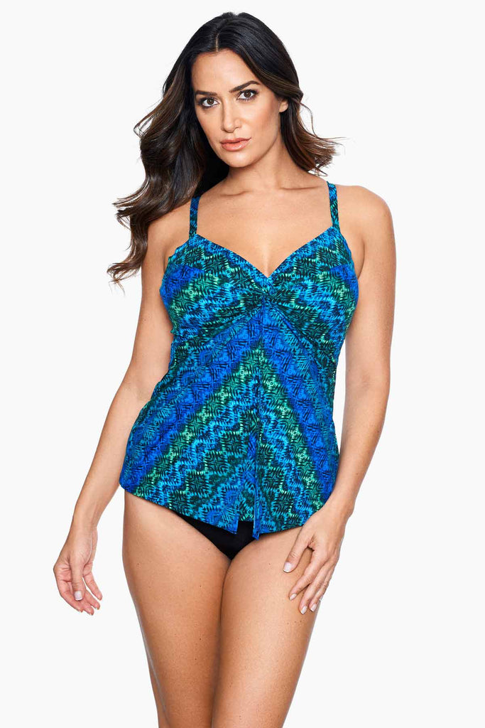Woman in a well fitted tankini top.