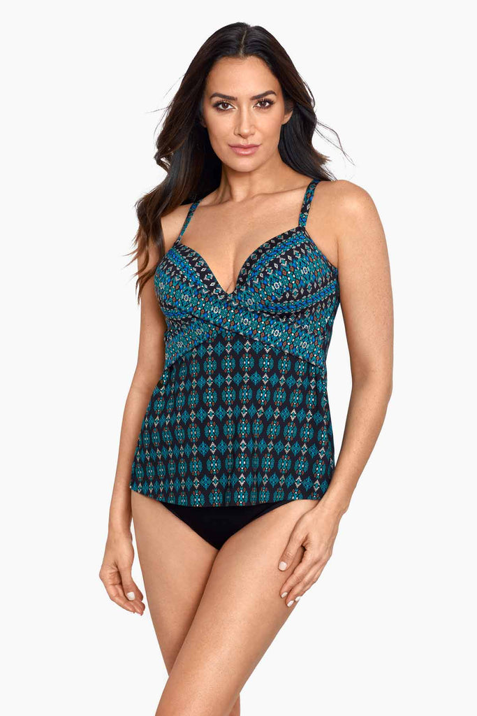 Beautiful girl wearing a printed tankini top.
