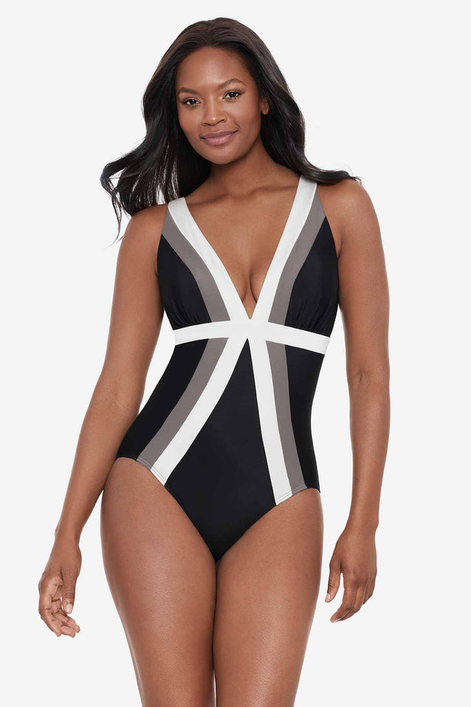 Woman in stylish one piece swim suit.