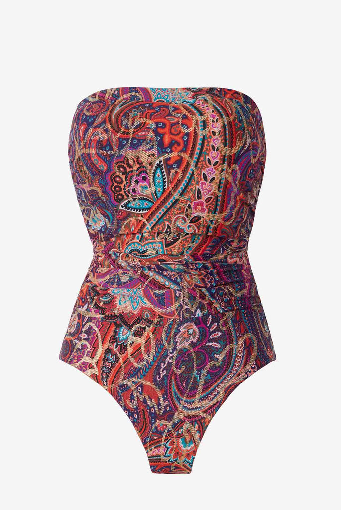 Bandeau one-piece swimsuit with an abstract print