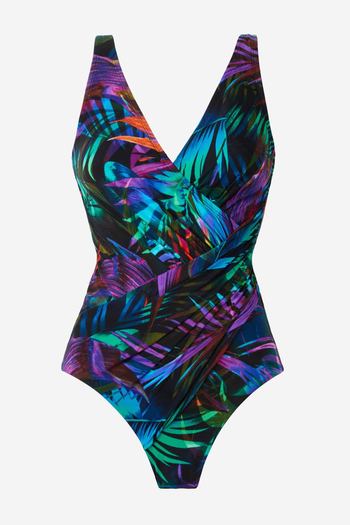 Multicolor one-piece swimsuit with neon palm leaves