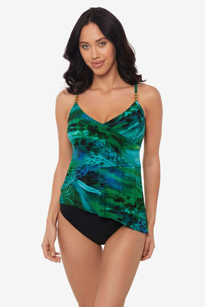 Woman wearing a multicolor tankini top with an abstract print