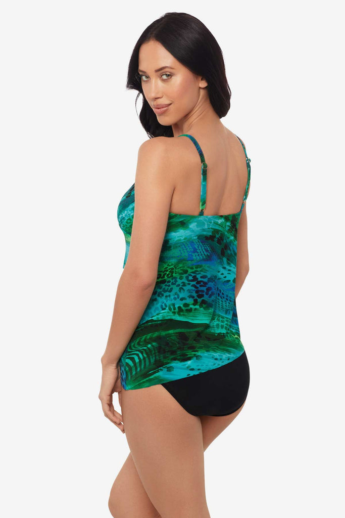 Woman facing left to show detail of the multicolor tankini top