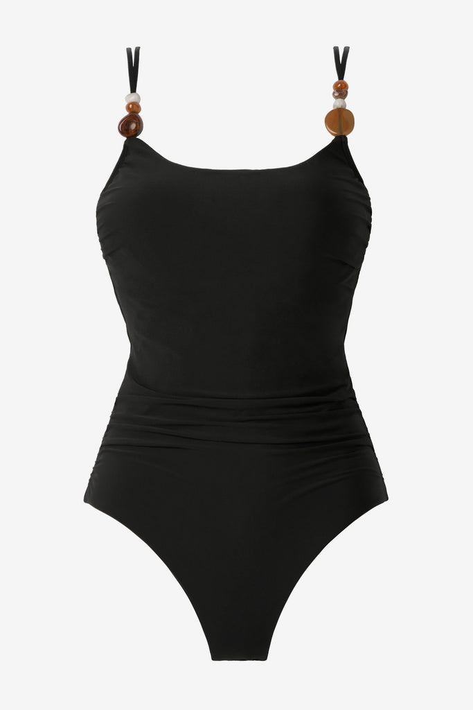 Black one-piece swimsuit with beads on the straps