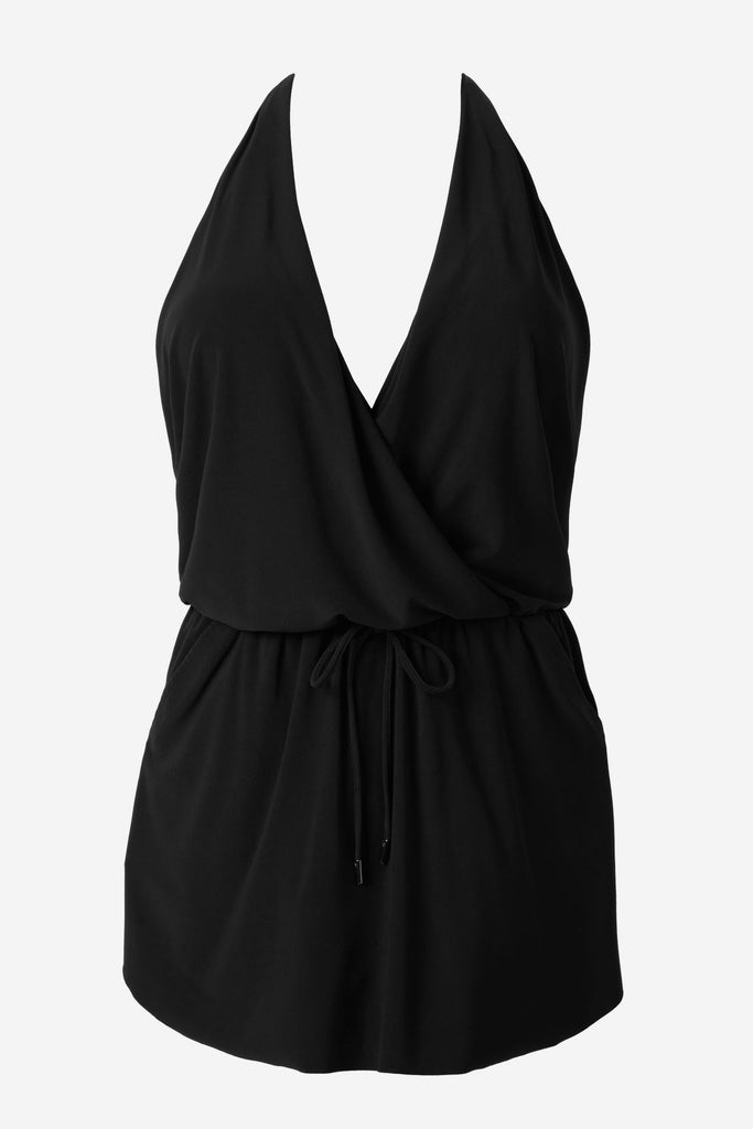 Black swim romper with a deep v-neck