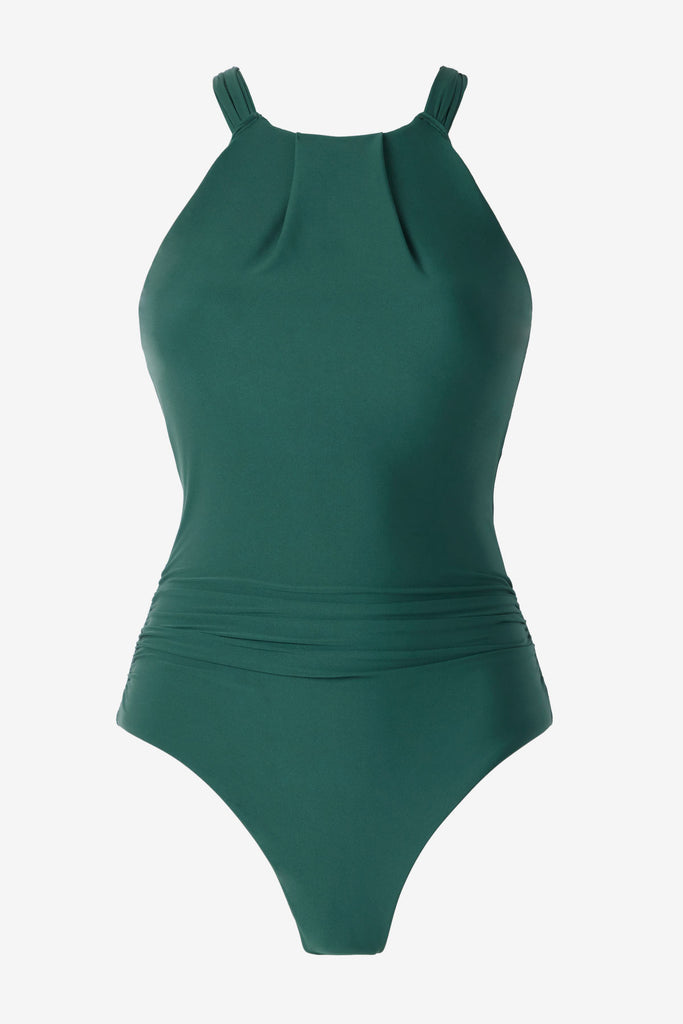 Dark green high-neck one-piece swimsuit