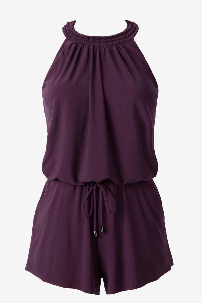 Prune purple swim romper with a high neckline