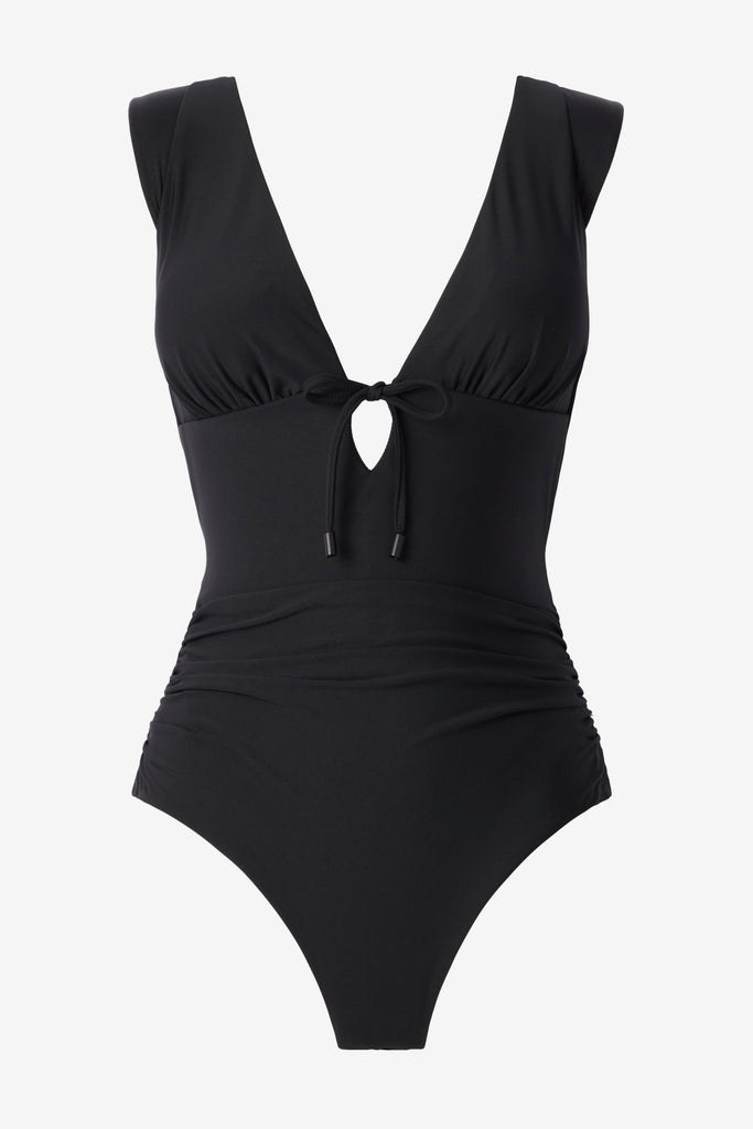 Black one-piece swimsuit with a deep v-neck