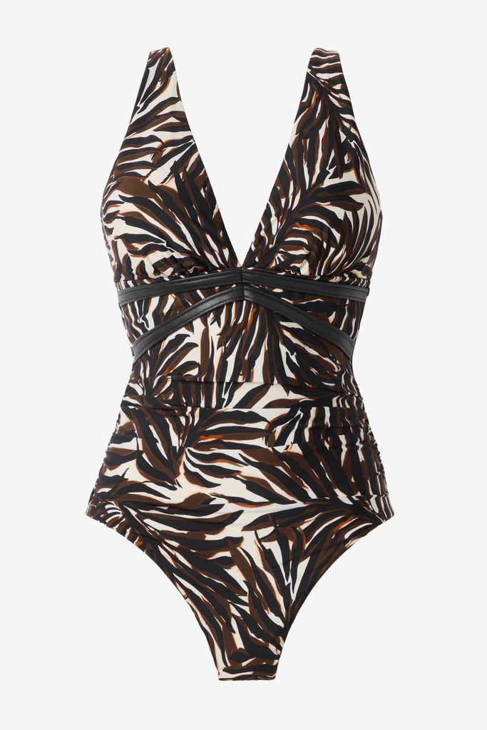 Multicolor one-piece swimsuit with a palm leaf print