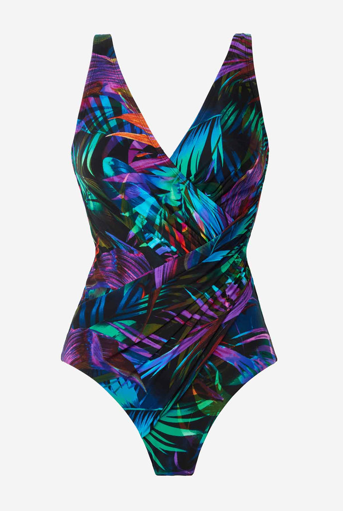 Multicolor one-piece swimsuit with neon palm leaves