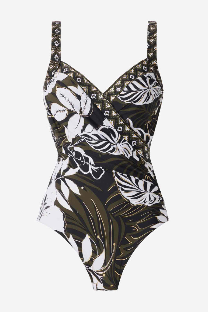 Multicolor one-piece swimsuit with large white palm leaves