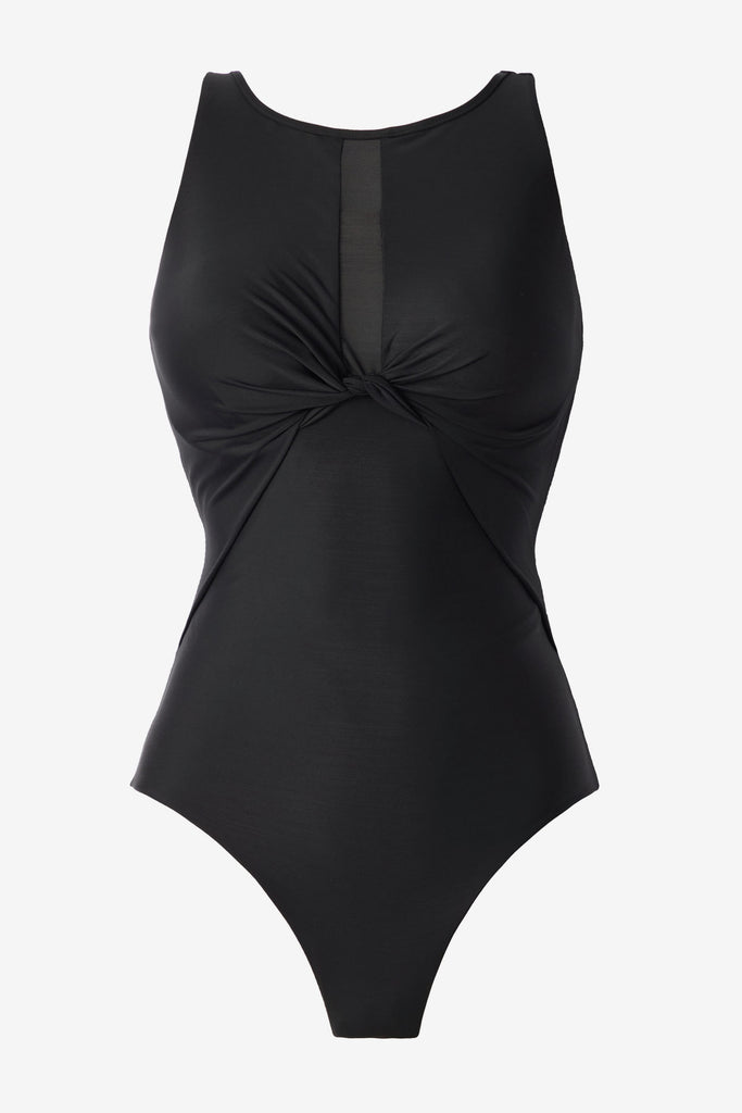 All-black one-piece swimsuit with cinching at the breasts