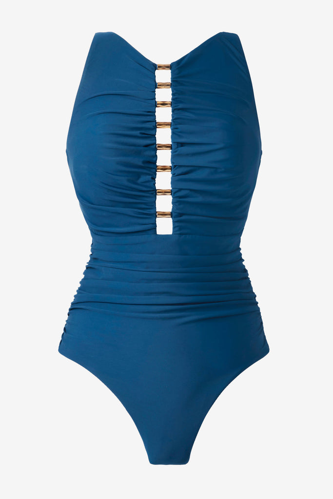 Blue one-piece swimsuit with beading down the front
