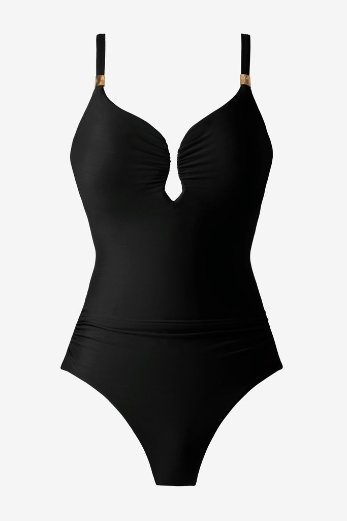 Black one-piece swimsuit with gold tone accents