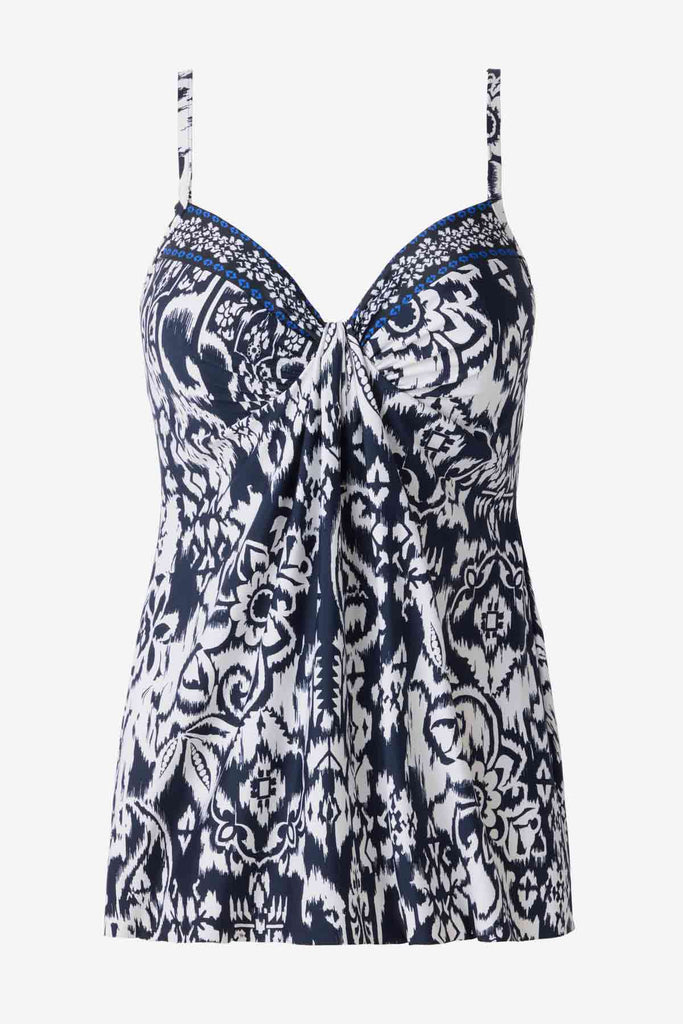 Blue and white tankini top with abstract flowers