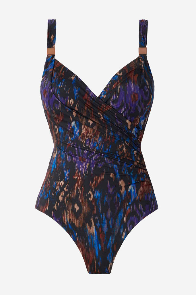 One-piece multicolored swimsuit with detailing on the straps