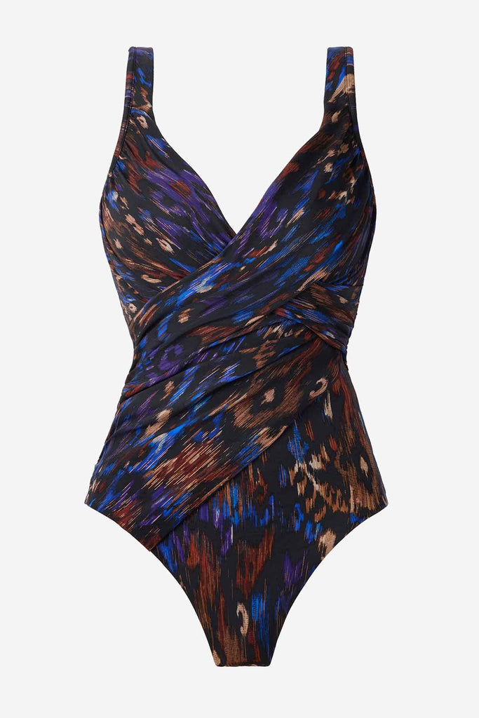 Floating image of a one-piece swimsuit with a multicolor abstract pattern