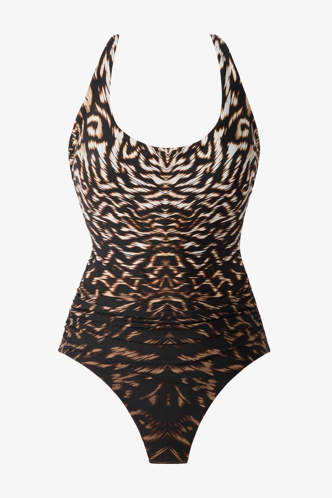 Multicolored one-piece swimsuit with an ombre effect on the print