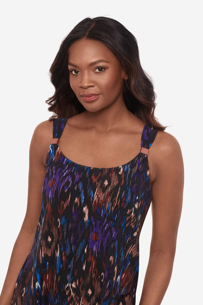 Close up of woman wearing a multicolor tankini top with strap details