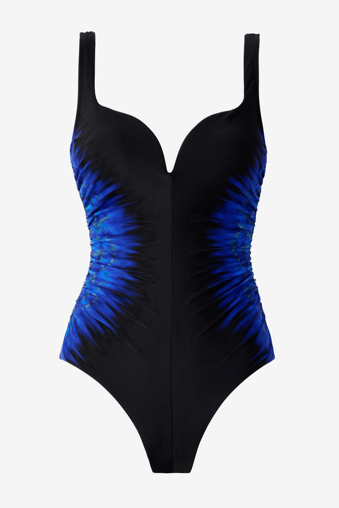 Black one-piece swimsuit with blue detail on the sides