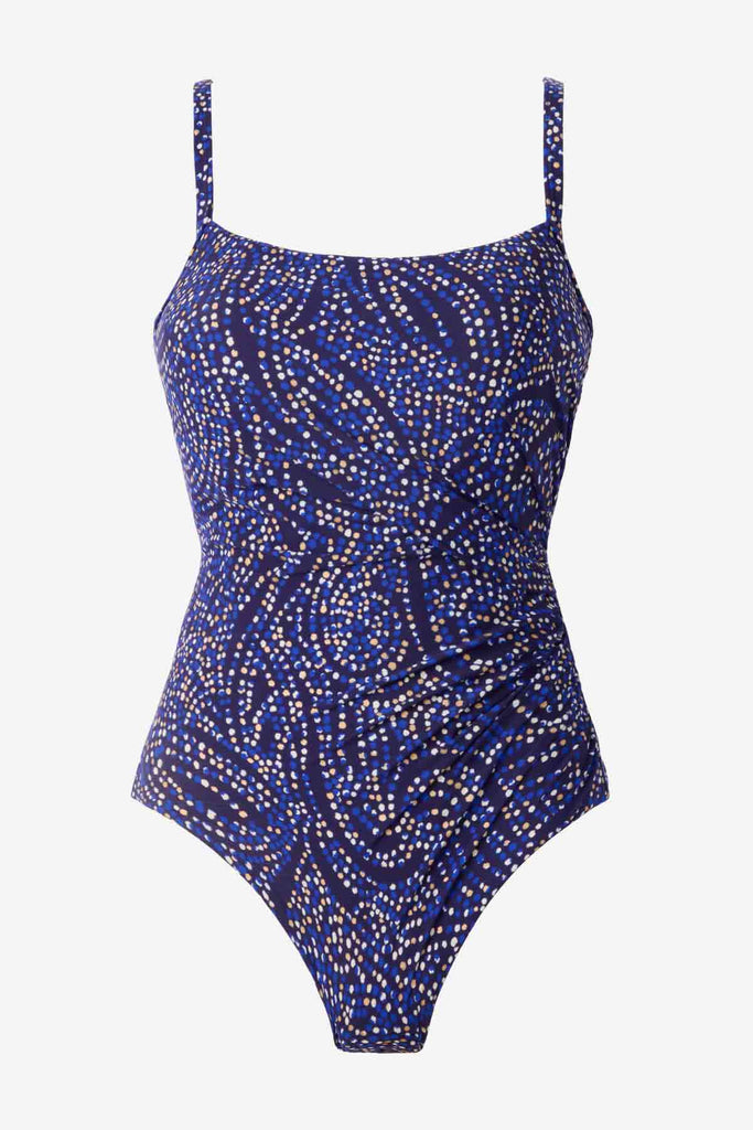 One-piece multicolored swimsuit with abstract dots