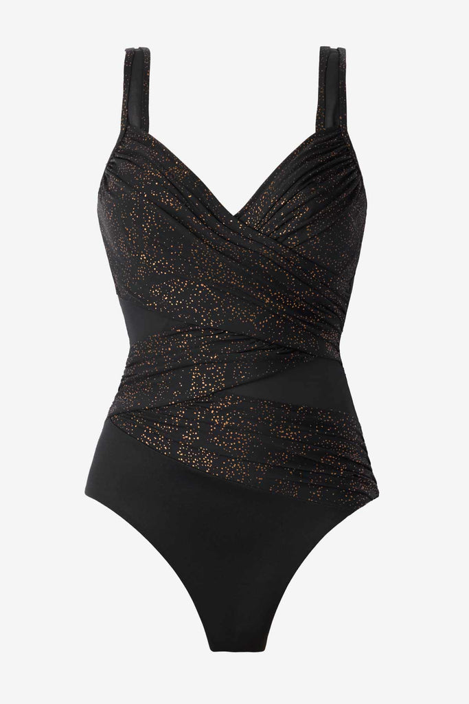 Shimmer fabric one-piece swimsuit with mesh cut outs on the sides