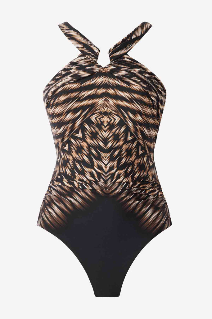 One-piece high neck swimsuit with a multicolored pattern on the top portion