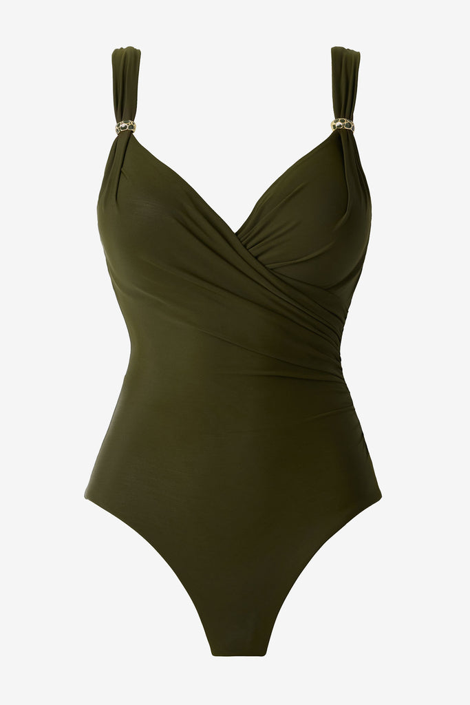 Nori green one-piece swimsuit with details on the straps 