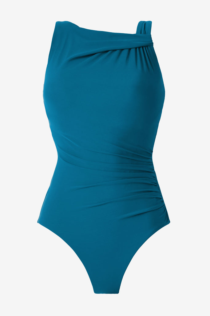 Agean blue one-piece swimsuit with a high neckline