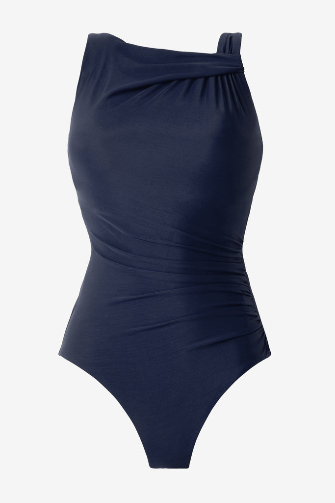 Midnight blue one-piece swimsuit with a high neckline