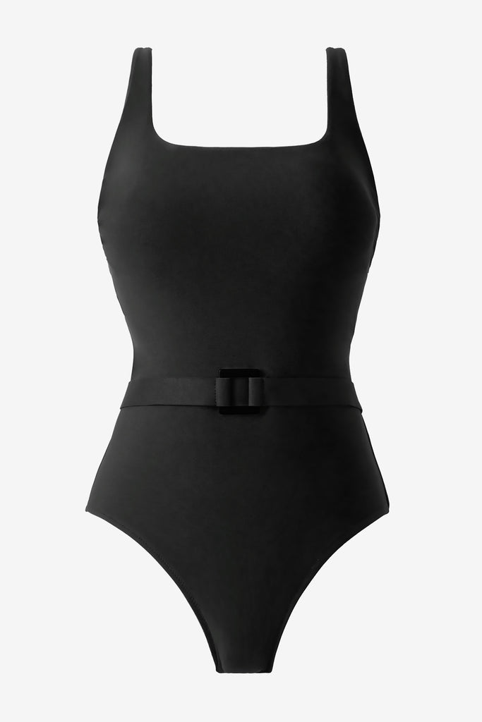 Black one-piece swimsuit with belt detail