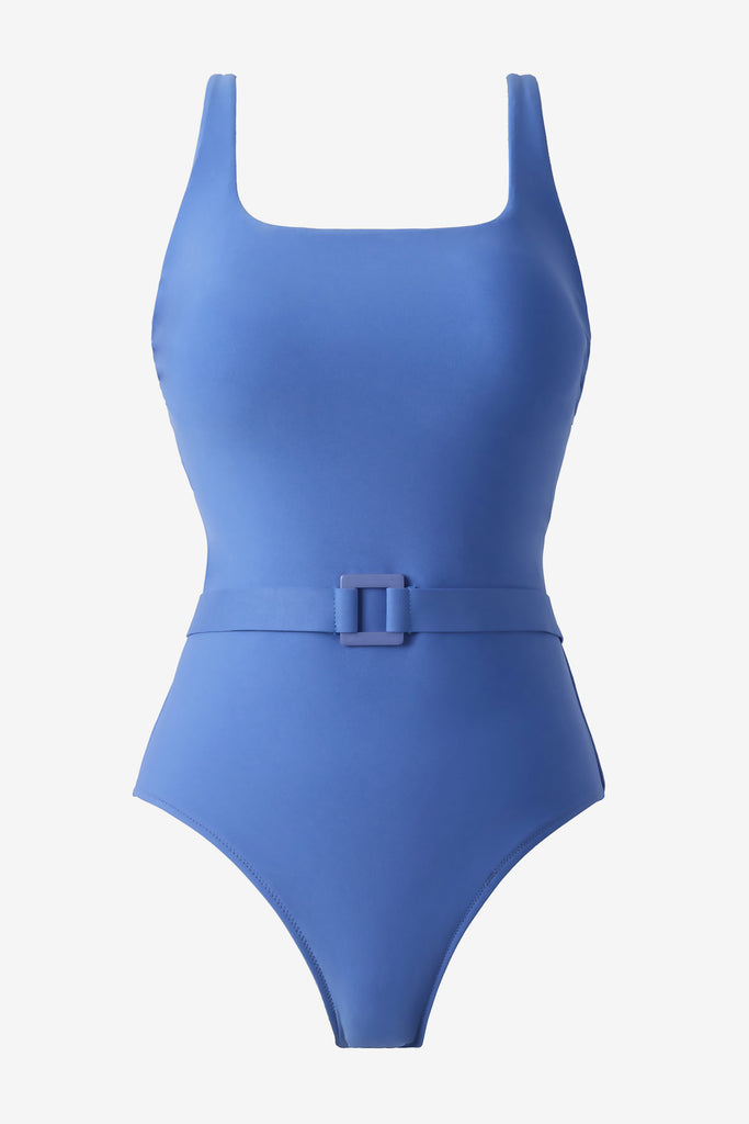 Blue one-piece swimsuit with a belt detail