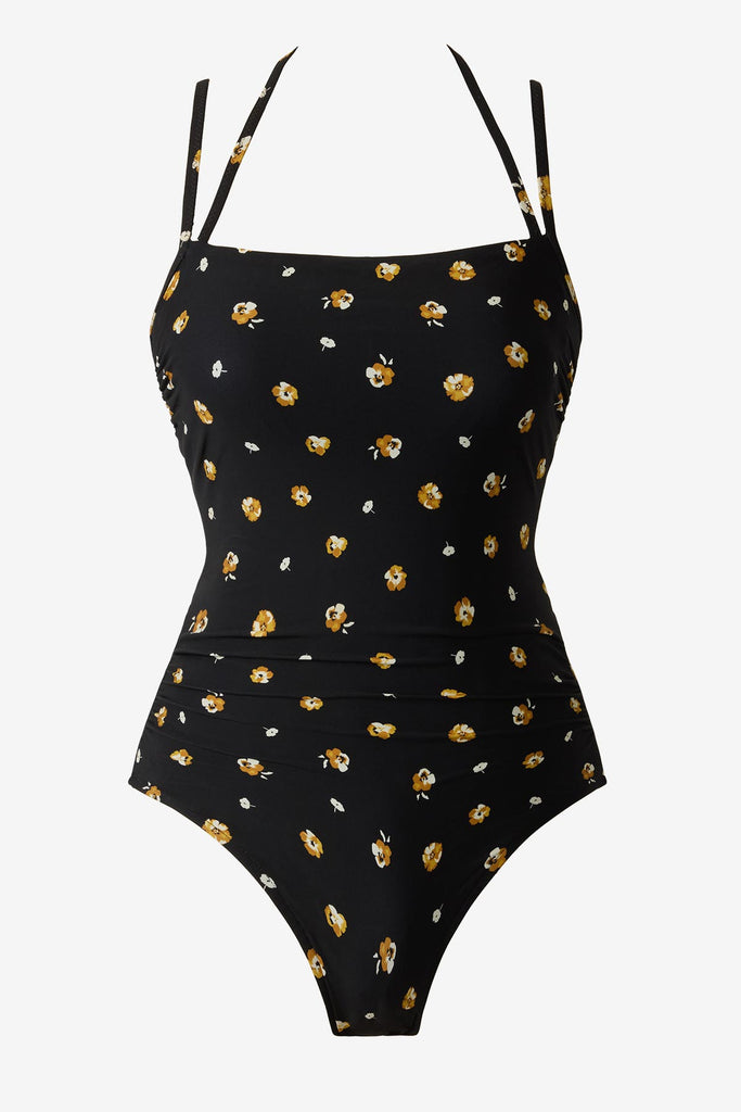 One-piece swimsuit with a small floral pattern