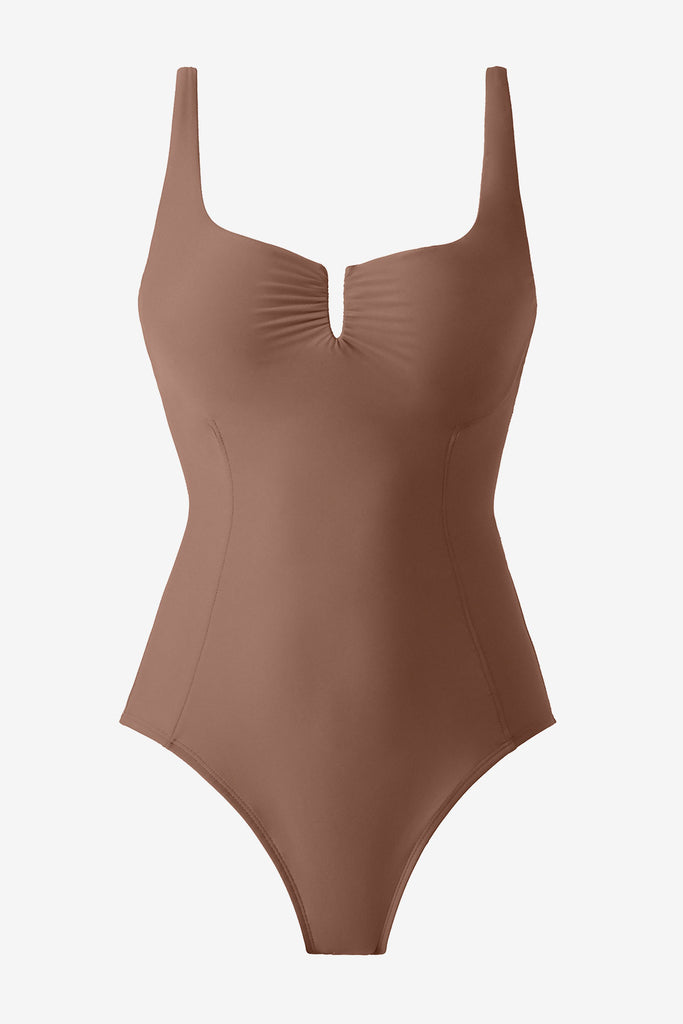 Solid brown one piece swimsuit