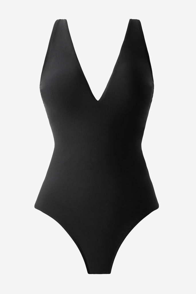V-neckline black one-piece swimsuit