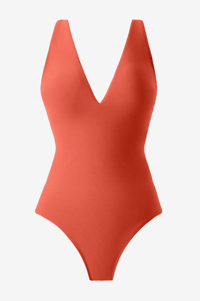Orange one-piece swimsuit with a v-neckline