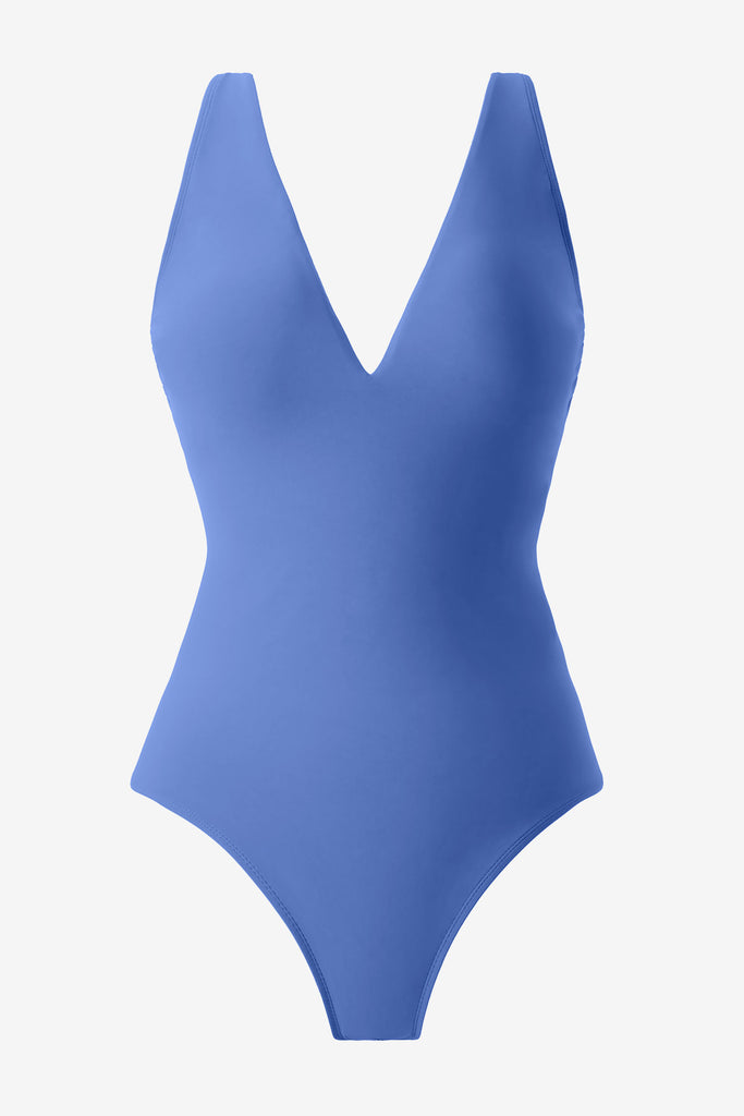 Blue one-piece swimsuit with a v-neckline
