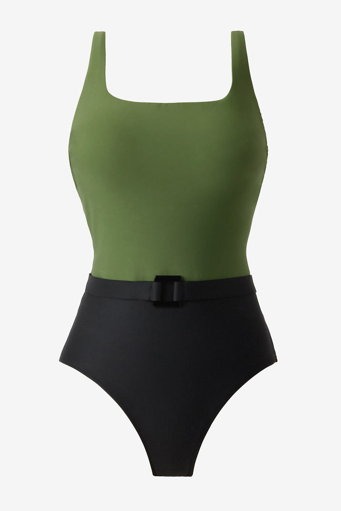 Green and black one-piece swimsuit